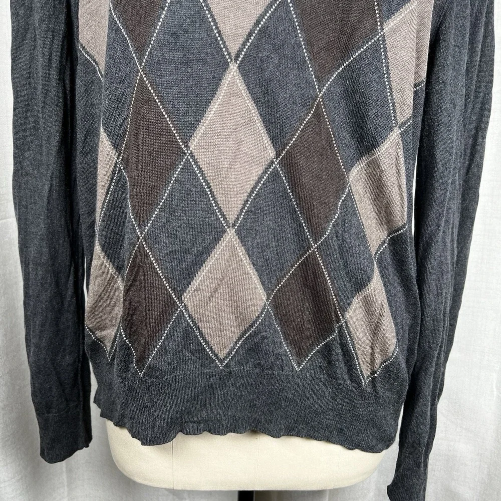 Banana Republic Sweater Mens XL Grey Brown Argyle Silk Cashmere Blend‎ V Neck